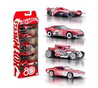 Hot Wheels Mattel 80 aniversario Pack de 5 coches, conjunto de 5 vehículos de juguete a escala 1:64 con embalaje y decoración de coleccionista, JGK08