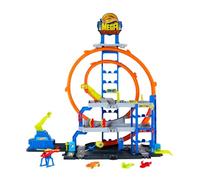 Hot Wheels Mega Loop Garage Set de Pista con Coche y helicóptero | Playset con vehículo de metal y helicóptero, 2 loops, guarda 36 coches de 1:64, adaptadores rápidos, JLC05