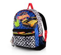 Hot Wheels Mochila escolar para niños con compartimentos con cremallera, correas ajustables para el hombro y soporte lateral de malla para botellas de agua, mochila de coches de carreras para la