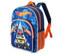 Hot Wheels Mochila escolar prémium para niños y niñas, con bolsillo lateral de malla y bolsillo frontal con cremallera