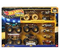 Hot Wheels Monster Trucks Campeones de trofeo Colección de coches y camiones, con vehículos metálicos: Bigfoot, 5-Alarm, Bone Shaker, Mega-Wrex y Tiger Shark, además de seis coches, JDW07