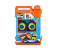 Hot Wheels Monster Trucks Fuel N’ Go Gas Can Playset con Motosaurus | Camión de juguete a escala 1:64, se transforma en pista de acrobacias, incluye 2 coches aplastados, HXT04