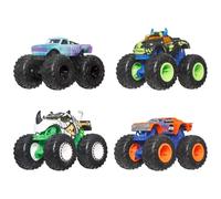 Hot Wheels Monster Trucks Half Hazards Pack de 4 Coches | Monster Trucks escala 1:64, ruedas gigantes y diseños llamativos, JJT67