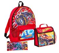 Hot Wheels Monster Trucks - Mochila + bolsa de almuerzo + estuche para lápices para niños, juego de mochila escolar de 3 piezas, Red, Talla única, Mochila