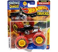 Hot Wheels Monster Trucks, Sharks Vs. Dinos 7/8, Team Dino Bone Shaker [Incluye coche aplastado] Nuevo para 2025! Vehículo de juguete fundido a escala 1:64