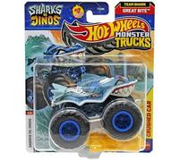 Hot Wheels Monster Trucks Sharks vs Dinos, colección de vehículos fundidos a escala 1:64, edición 2025 (3/8 Team Shark Great Bite)