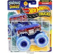 Hot Wheels Monster Trucks Sharks Vs. Dinos Team Shark 5 Alarma, 6/8, incluye coche aplastado, nuevo para 2025! Vehículo de juguete fundido a escala 1:64