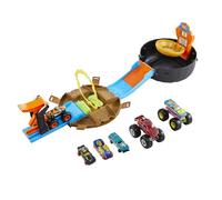 Hot Wheels Monster Trucks Stunt Tire Playset Bundle | Maletín en forma de neumático se convierte en pista, incluye 3 monster trucks y 4 coches a escala 1:64, HHY74
