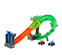 Hot Wheels Monster Trucks Tiburones vs. Dinos Dragon Destruction Playset | Incluye Great Bite y Rageasaur de escala 1:64, derrota al Némesis Cyborg, juega con camiones, JGB06