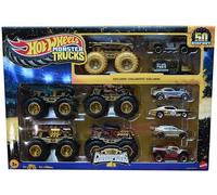 Hot Wheels Monster Trucks Campeones de trofeo Colección de coches y camiones, con vehículos metálicos: Bigfoot, 5-Alarm, Bone Shaker, Mega-Wrex y Tiger Shark, además de seis coches, JDW07