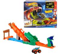 Hot Wheels Monster Trucks - Vehículo Mega-Wrex a escala 1:64, carrera y acrobacias en el puente See-Saw - Juego de cocodrilo Crash Challenge