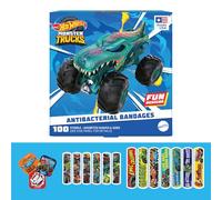 Hot Wheels Monster Trucks - Vendas antibacterianas para niños, 3 tamaños surtidos, 100 unidades, se pueden llevar como calcomanías, vendajes adhesivos flexibles para cortes menores, rasguños y