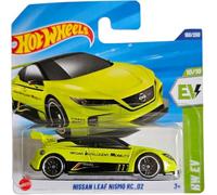 Hot Wheels Nissan Leaf Nismo RC_02, serie EV, modelo de coche fundido a presión, escala 1:64, amarillo con funda protectora
