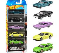 Hot Wheels Paquete de 5 Fast & Furious 2025 (70 Dodge Charger RT, 1966 Chevrolet Impala, Porsche 911 Gt3 RS, 68 Plymouth Barracuda Formula S, Nissan Silvia) multicolor