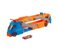 Hot Wheels Pista, camión transportador y coche de juguete, camión grande que se transforma en pista de carreras de más de 76cm, con coche de juguete a escala 1:64, HYT83