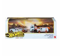 Hot Wheels Premium Collector Display Sets 3 Coches a Escala 1:64 y vehículo de Transporte de Equipo a Escala 1:64, chasis de Metal/Metal y neumáticos Real Riders