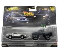 Hot Wheels Premium - De vuelta al futuro máquina del tiempo y camioneta Toyota Pickup 1987/Camioneta - Cultura del automóvil - JHW48 - HBL96 - plateado - negro - modelo con licencia oficial - Mattel