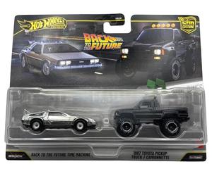 Hot Wheels Premium - De vuelta al futuro máquina del tiempo y camioneta Toyota Pickup 1987/Camioneta - Cultura del automóvil - JHW48 - HBL96 - plateado - negro - modelo con licencia oficial - Mattel