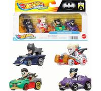 Hot Wheels RacerVerse, juego de 4 coches de juguete moldeados a escala 1:64 optimizados para la conducción en pistas Hot Wheels con personajes de la cultura pop como pilotos