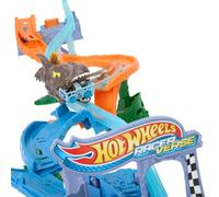 Hot Wheels RacerVerse Jurassic World Choque y zambullida Conjunto con vehículo metálico de velocirraptor, carrera jurásica contra el espinosaurio, JFP32