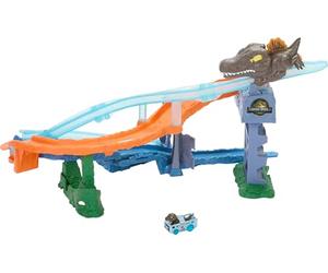 Hot Wheels RacerVerse Jurassic World Choque y zambullida Conjunto con vehículo metálico de velocirraptor, carrera jurásica contra el espinosaurio, JFP32