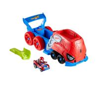 Hot Wheels RacerVerse Lanzador de personajes Conjunto de pista y coche de juguete (Modelos surtidos, selección aleatoria), un vehículo grande y un camión con un coche de juguete metálico, JFV69