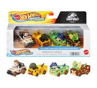 Hot Wheels Racerverse Pack 4 coches de juguete Jurassic World con personaje, incluye Owen y dinosaurios de juguete Charlie, dilofosaurio y alosaurio, +3 años (HKD32)