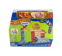 Hot Wheels Conjunto de Juego de Skate con Tabla “Fingerboard” Exclusiva y par de Zapatillas, Conjunto de Skate Hamburguesería con rampa y barandilla Desmontables, y Varias configuraciones, JHV83