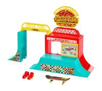Hot Wheels Skate Burger Spot con Fingerboard y Zapatillas | Fingerboard exclusivo y par de zapatillas extraíbles, rampa desmontable, rail de grind y varias configuraciones, JHV83