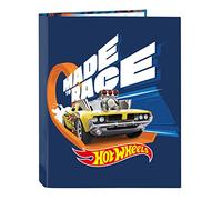 HOT WHEELS Speed Club - Carpeta con Folios 4 Anillas, Ideal para Niños de Diferentes Edades, Cómoda y Versátil, Calidad y Resistencia, 26.5x33 cm, Color Azul marino y naranja
