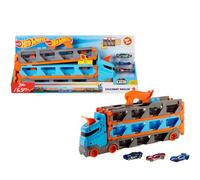 Hot Wheels Speedway Hauler y 3 Coches de Juguete a Escala 1:64 | Camión grande almacena más de 20 coches y se transforma en pista de carreras de 183 cm; conecta con otros sets, HGH33