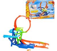 Hot Wheels Stunt Track Choque Aéreo y Coche Juguete de Metal a Escala 1:64 | Pista de coches con lanzador motorizado para acrobacias y carreras sin parar, JKJ78