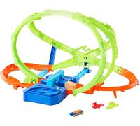 Hot Wheels Stunt Tracks Hypersphere Pista de Choques y Coche | Impulsor motorizado lanza vehículo escala 1:64 por loop invertido, 2 zonas de choque, pista rápida, JTC74