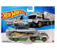 Hot Wheels Super Rigs Bank Roller (verde/plateado), transportador fundido a presión y juego de vehículos