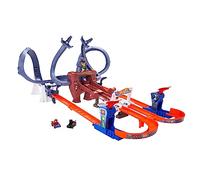 Hot Wheels Telaraña de Spider-Man de RacerVerse, pista para coche de juguetes, con dos pilotos, +4 años (Mattel HPL34)