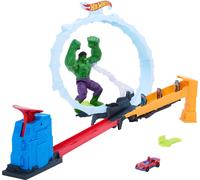 Hot Wheels Conjunto de Pista para Coches de Juguete, Conjunto de Juego Spider-Man y Hulk aplasta con 1 vehículo metálico Superstar Speeders, Corre por el looping para derrotar a los Villanos, JMR29