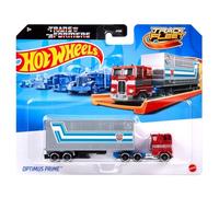 Hot Wheels Travk Fleet Transformers Prime Optimus, Camión Juguetes con Remolque, Escala 1:64, Multicolor