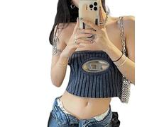 Hot Women Casual Wear Tide Sleeveless Vest Summer Hollow Hardware Buckle Knitted Tube Tops Hot Girl Soft Sexy Blouse (Color : Grey Blue 2, Size : M)