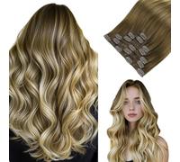 hotbanana Clip Extensiones de Cabello Natural, Mujeres Extensiones de Cabello Humano Eeal Pelo Rizado Marrón nogal ombre a marrón ceniza y rubio decolorado 50cm 120g 7pcs