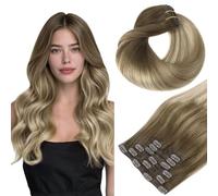 hotbanana Clip Extensiones de Cabello Natural, Mujeres Extensiones de Cabello Humano Eeal Pelo Rizado Marrón nogal ombre a marrón ceniza y rubio decolorado 55cm 120g 7pcs