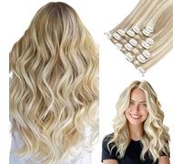 hotbanana Clip Extensiones de Cabello Natural, Mujeres Extensiones de Cabello Humano Eeal Pelo Rizado Rubio ceniza a rubio dorado y rubio platino 35cm 120g 7pcs