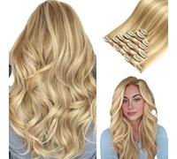 hotbanana Clip Extensiones de Cabello Natural, Mujeres Extensiones de Cabello Humano Eeal Pelo Rizado Rubio Claro Rubio Dorado Con Reflejos Balayage 60cm 120g 7pcs