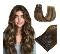 hotbanana Clip Extensiones de Cabello Natural, Mujeres Extensiones de Cabello Humano Eeal Pelo Rizado Balayage Rubio Caramelo Mixto Marrón Chocolate 55cm 120g 7pcs
