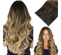 hotbanana Clip Extensiones de Cabello Natural, Mujeres Extensiones de Cabello Humano Eeal Pelo Rizado De castaño oscuro a castaño y rubio sucio con mechas 40cm 120g 7pcs