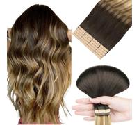 hotbanana Extensiones Adhesivas Pelo Natural 40cm 50g 20pcs Cabello Humano Remy Liso Cinta en Extensiones de Cabello De castaño oscuro a castaño y rubio sucio con mechas