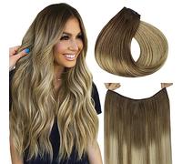 hotbanana Extensiones de cabello con alambre, 35,5 cm, 75 g, color marrón nogal a marrón ceniza y rubio decolorado, extensiones de cabello humano real, lacio, invisible, extensiones de cabello humano