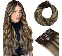 hotbanana Extensiones de clip de pelo natural marrón chocolate con rubio miel invisible, extensiones de pelo humano Remy, 35 cm, 75 g, 5 unidades