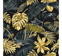 HotDecor Papel Pintado Flores Vinilo Adhesivo Muebles Negro Dorado Papel Pintado Pared Dormitorio Papel Pintado Autoadhesivo Vintage Para Armario Papel De Pared Decorativo De La Selva 60cm x 300cm
