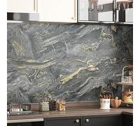 HotDecor Vinilo Marmol Para Para Encimera De Cocina Papel Tapiz Autoadhesivo Gris y Dorado Vinilos Adhesivos Para Muebles Papel Vinilico Adhesivo Marmol Para Armario Decoracion Cocina 60cm x 300cm