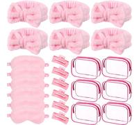 Hoteam 24 piezas de recuerdos de fiesta rosas para dormir sobre fiestas, 6 diademas de spa, 6 antifaz de felpa para dormir, 6 pinzas rosas para el cabello, 6 bolsas de cosméticos transparentes para